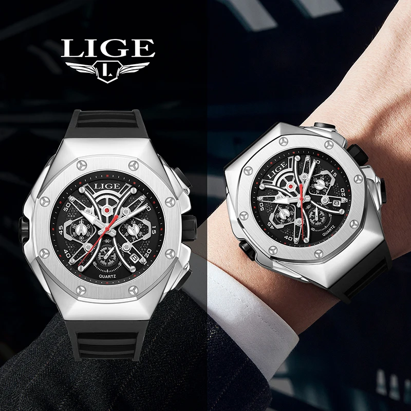 LIGE new 2026 men's sports watch luxury military silicone watch men's clock fashion timing watches for men Relogios Masculino