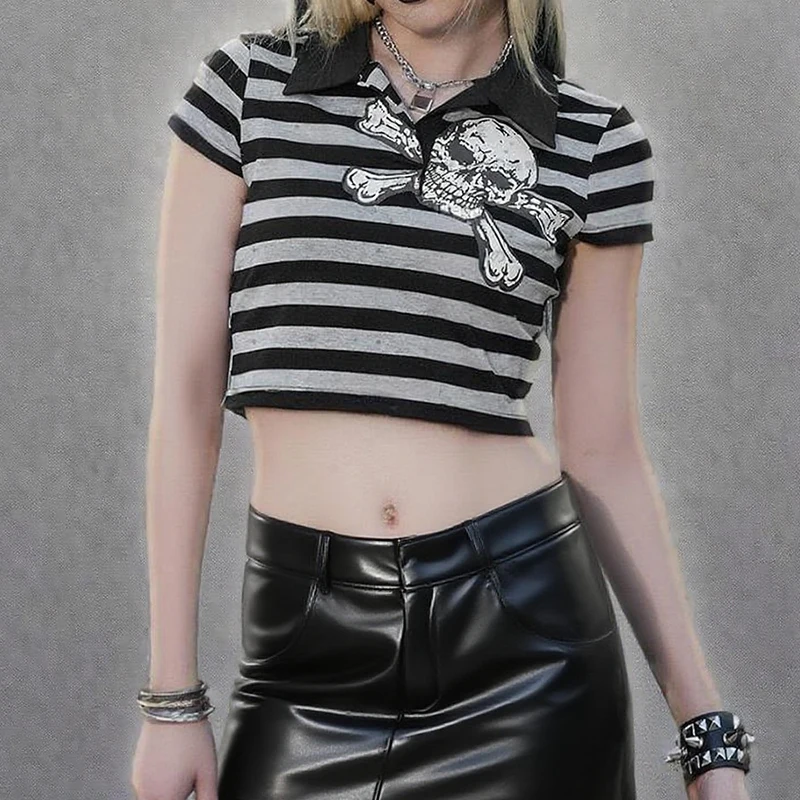 2025 européenne et américaine nouvelle Y2K fille épicée crâne imprimer t-shirt polo slim fit rayé crop top chemise à manches courtes