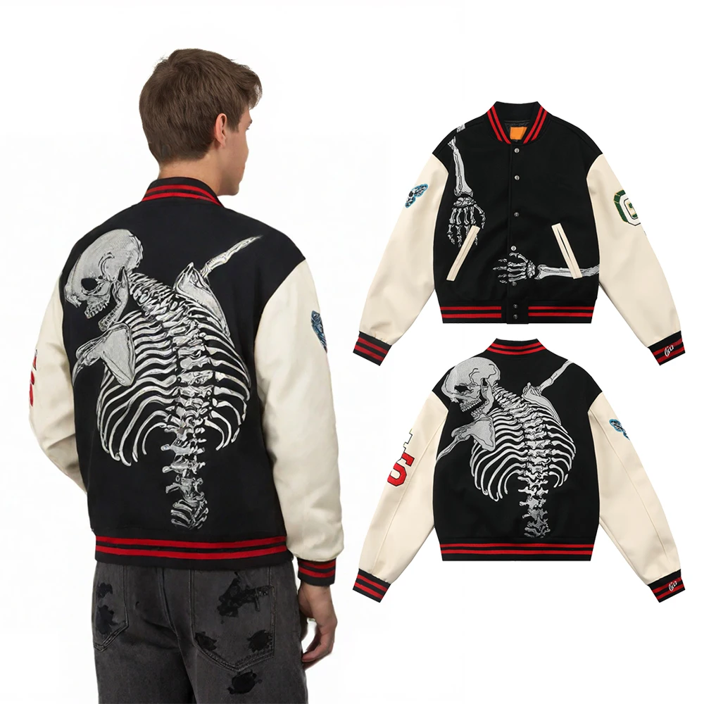 

Мужские зимние куртки с кожаными рукавами и вышивкой черепа, уличная одежда в стиле хип-хоп, уличный стиль, повседневная хлопковая бейсбольная форма в стиле ретро, пальто