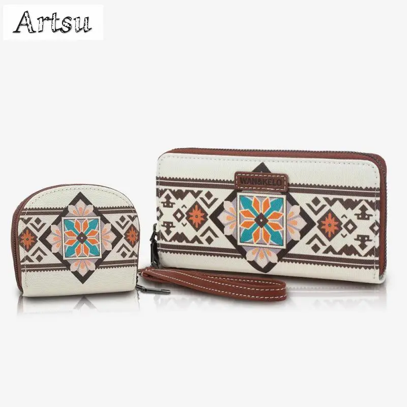 New Wallet European American Retro Waterproof Hot Selling 2Pcs Retro Bohemian Style Wrist Bag Card Bag Women's Canvas Wallet