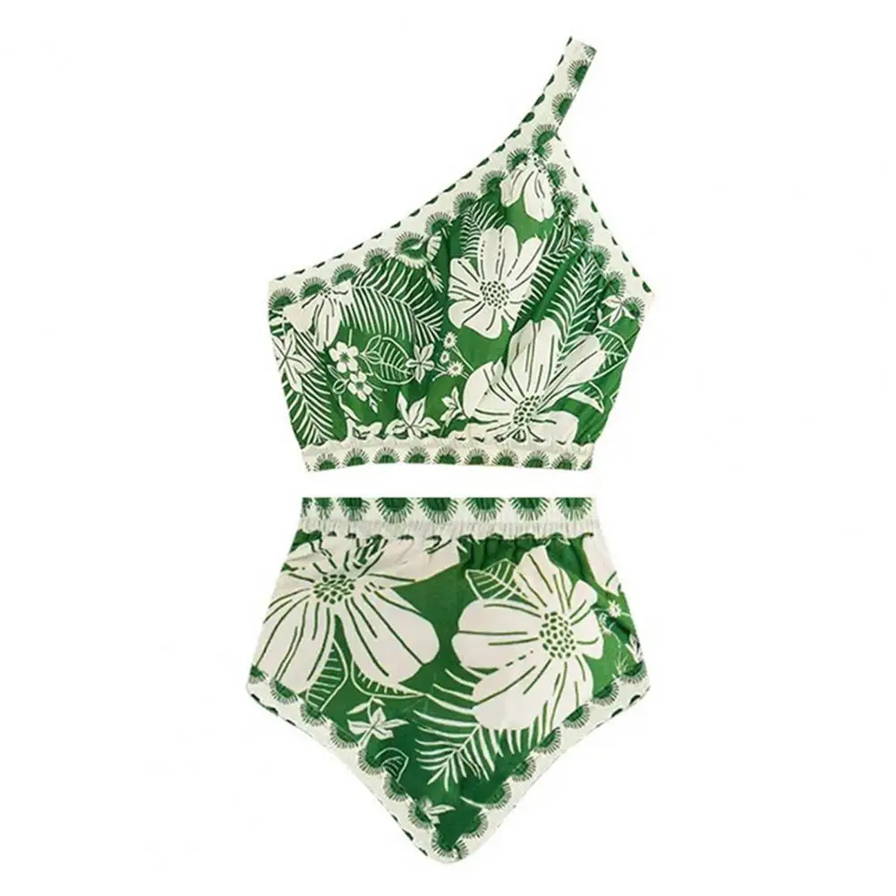 Women Swimwear Floral Print Bikini Set with One Shoulder Bra High Waist Chiffon Cover Up Skirt Beachwear for Women for Summer