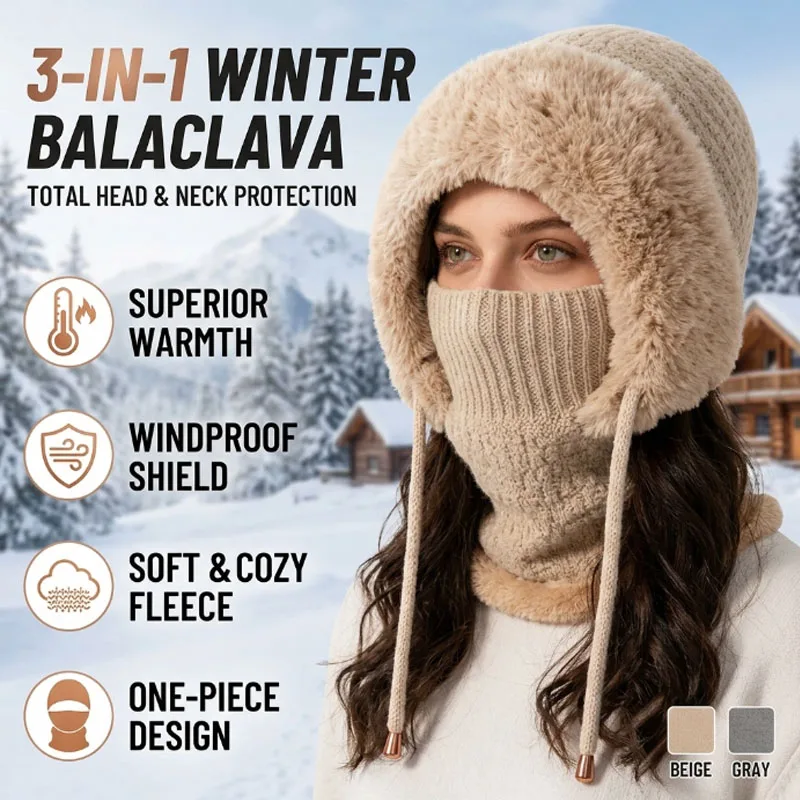 Winter Beanie One Piece Neck Warmer Thickened Fleece Lined Windproof Warm for Men Women Outdoor Skiing Snowboard Large Head