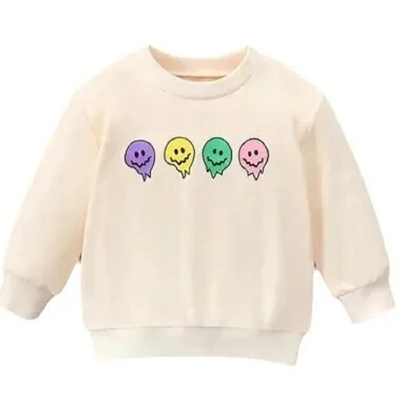 Girls Smiley Daisy Checkerboard Print Sweatshirt Kids Crew Neck Long Sleeve Pullover Sweet Casual Loose Children Autumn Daily To