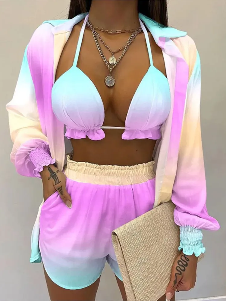 

Летний модный комплект из трех предметов с принтом, женская сексуальная рубашка-бретелька, кардиган, шорты, комплекты из 3 предметов, женский повседневный комплект для пляжного отдыха