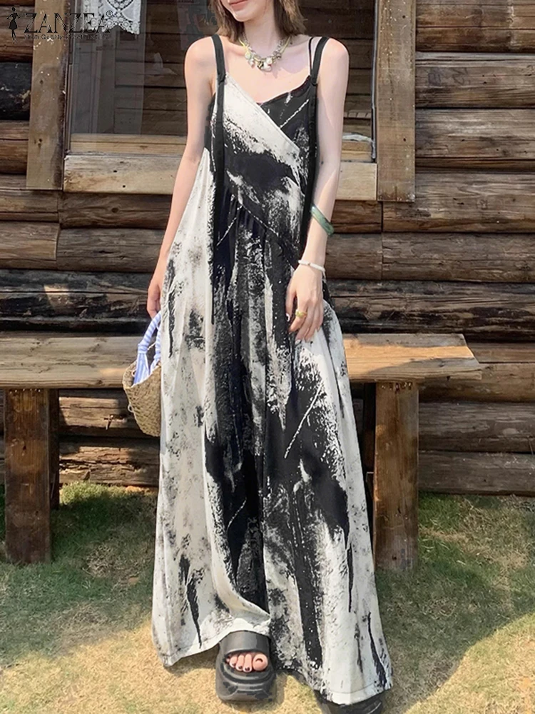 

ZANZEA Casual Sleeveless Printing Jumpsuits Women Loose V-Neck Adjustable Straps Wide Leg Pant Overalls Side Pockets 3 Patterns