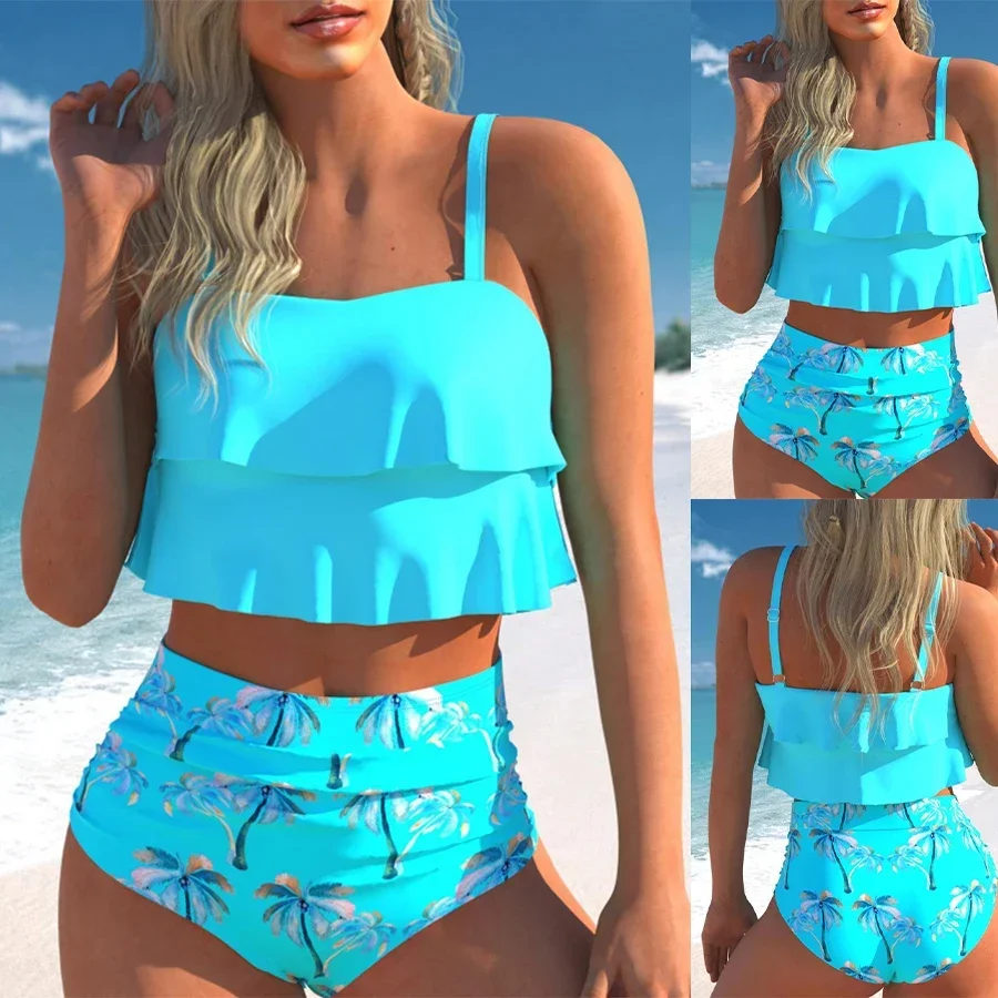 

Women's Sexy Resort Style Swimwear Halter Neck Ruffle Design Coconut Tree Print Women's Bikini Swimwear Set S-5XL