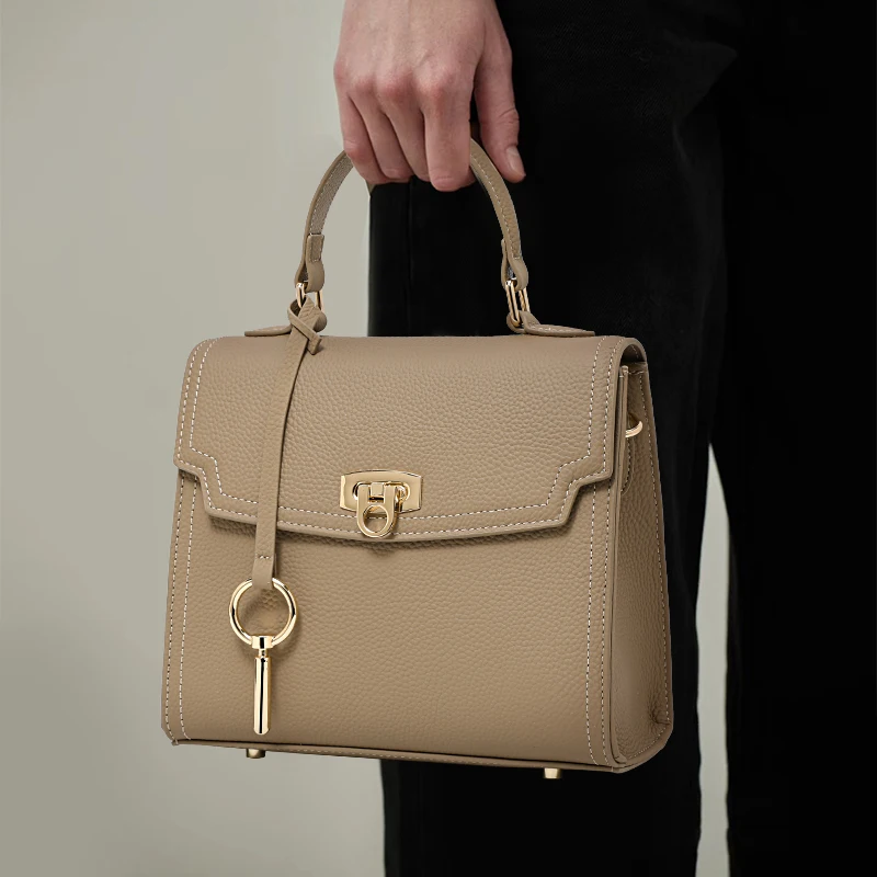 Genuine Cowhide Leather Women Satchel Bag, Top Handle Handbag with Lock Clasp, Adjustable Crossbody Purse for Work Travel