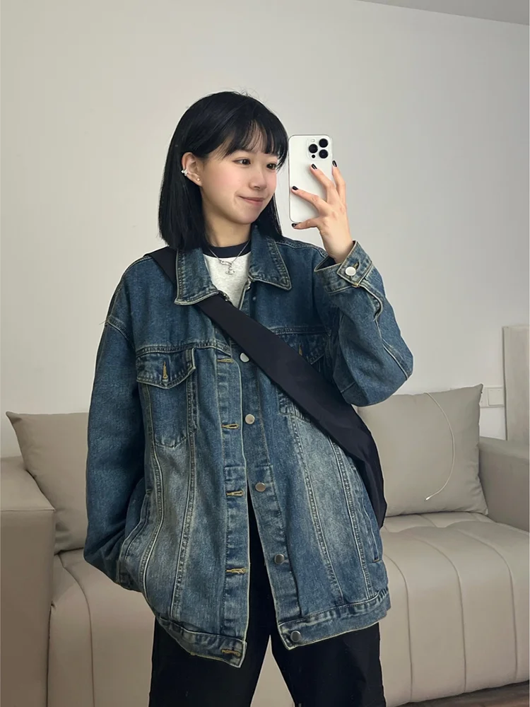 

Retro American Blue Denim Jaet Men's Faion Brand Premium Feeling Waed ort Couple's Denim Coat Loose Fit Spring Wear