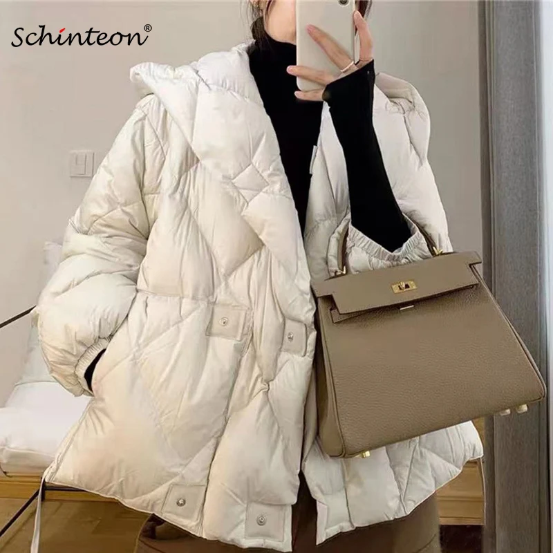 Schinteon Women White Duck Down Jacket with Hood Casual Loose Over Size Autumn Winter Warm Outwear Coat 2023 New Fashion