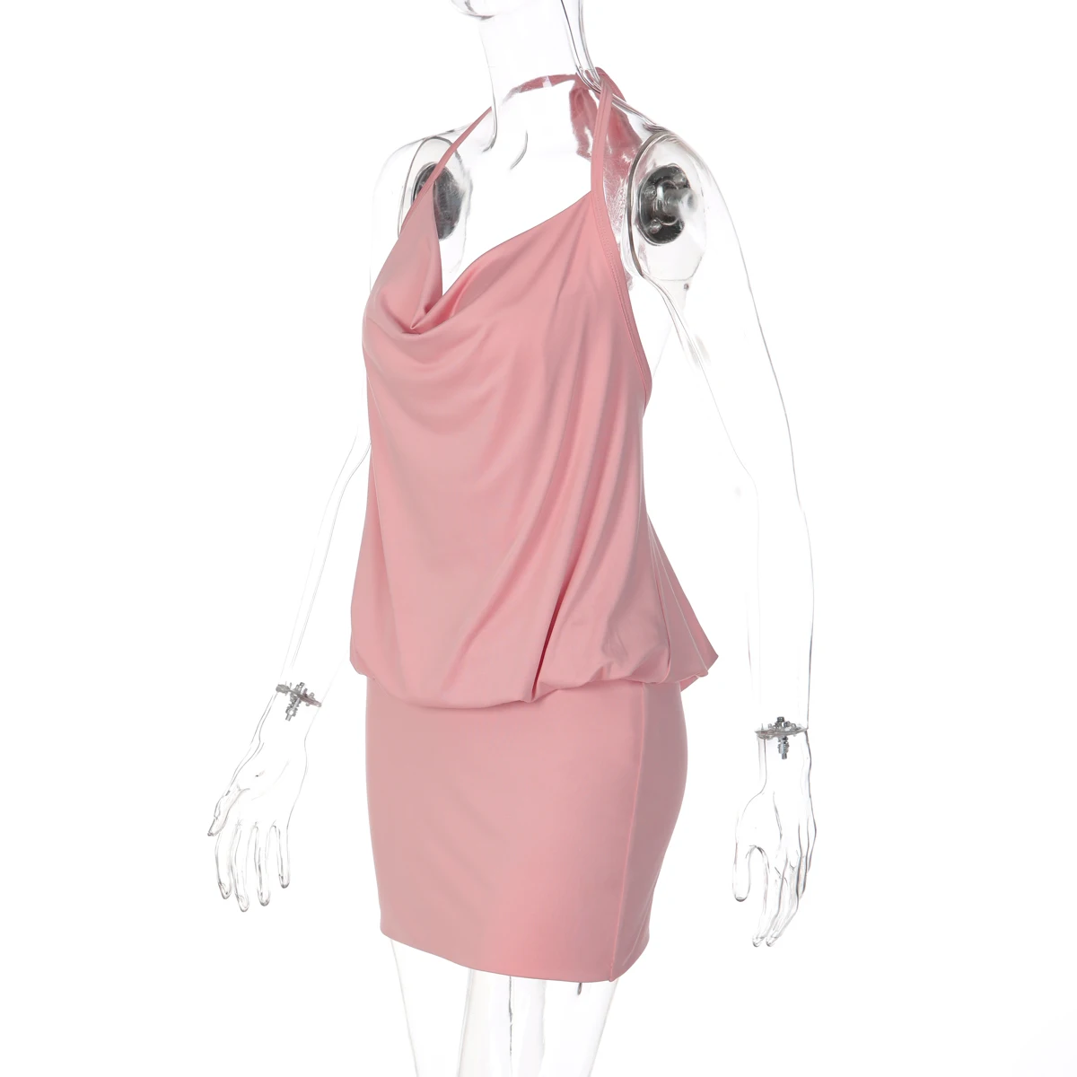 Hugcitar Neckholder-Swing-Kleid mit festem Rückenausschnitt, Schnürung, gerafftem Design, sexy, schmal geschnittenes Mini-Kleid, Sommermode für Damen, Party- und Urlaubskleidung – Detail 3