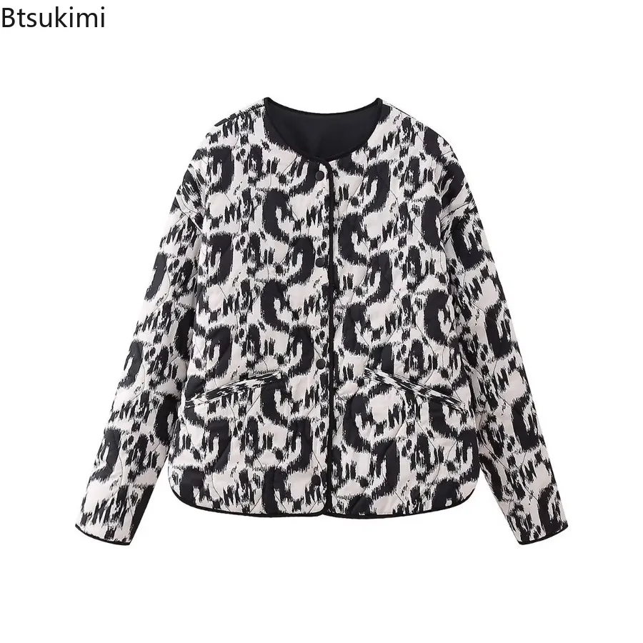 New Women's Autumn Winter Animal Print Jacket Top Round Neck Long Sleeve Single-breasted Cotton Jacket Coat Winter Coat Parkas
