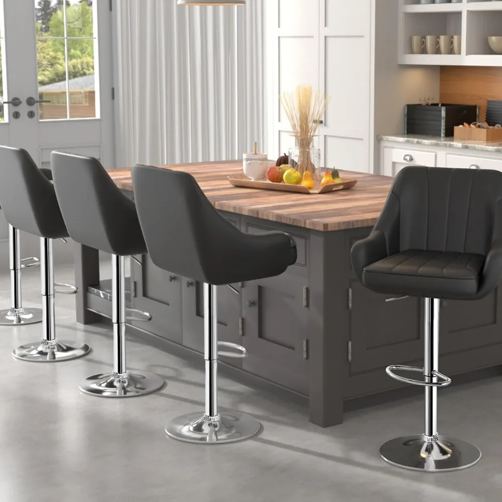 Set of 4 black bar stools - adjustable, swivel, with backrest and armrests, stylish and comfortable