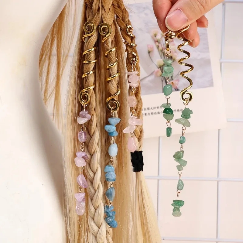 Trendy Charms Beads Hairpin for Women Dirty Braids Colorful Natural Stone Pendant Snake Hair Crystal Jewelry Headwear Dec