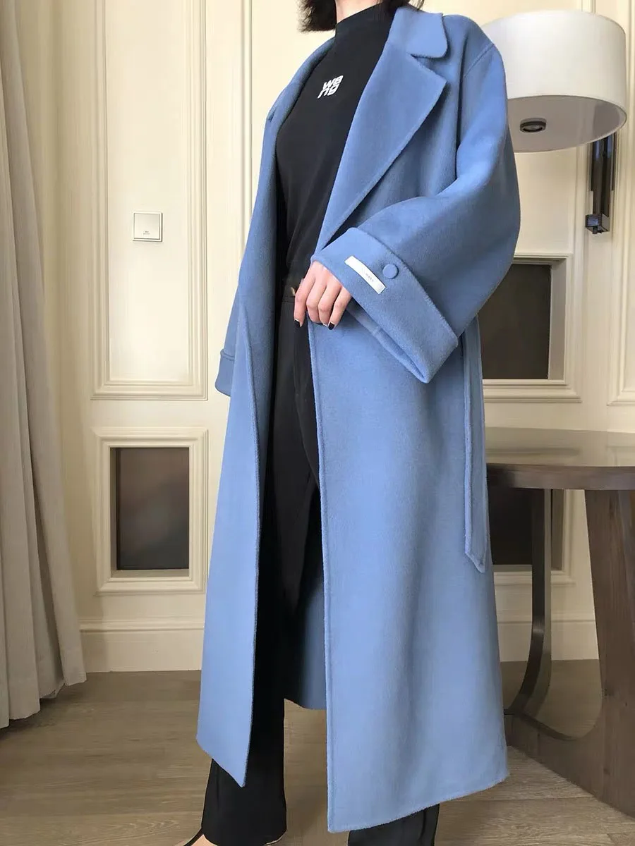 

Haze Blue Double Face Cashmere Coat 2022 New Women's Temperament Turn Down Collar Long Outwear Loose Casual Woolen Coat