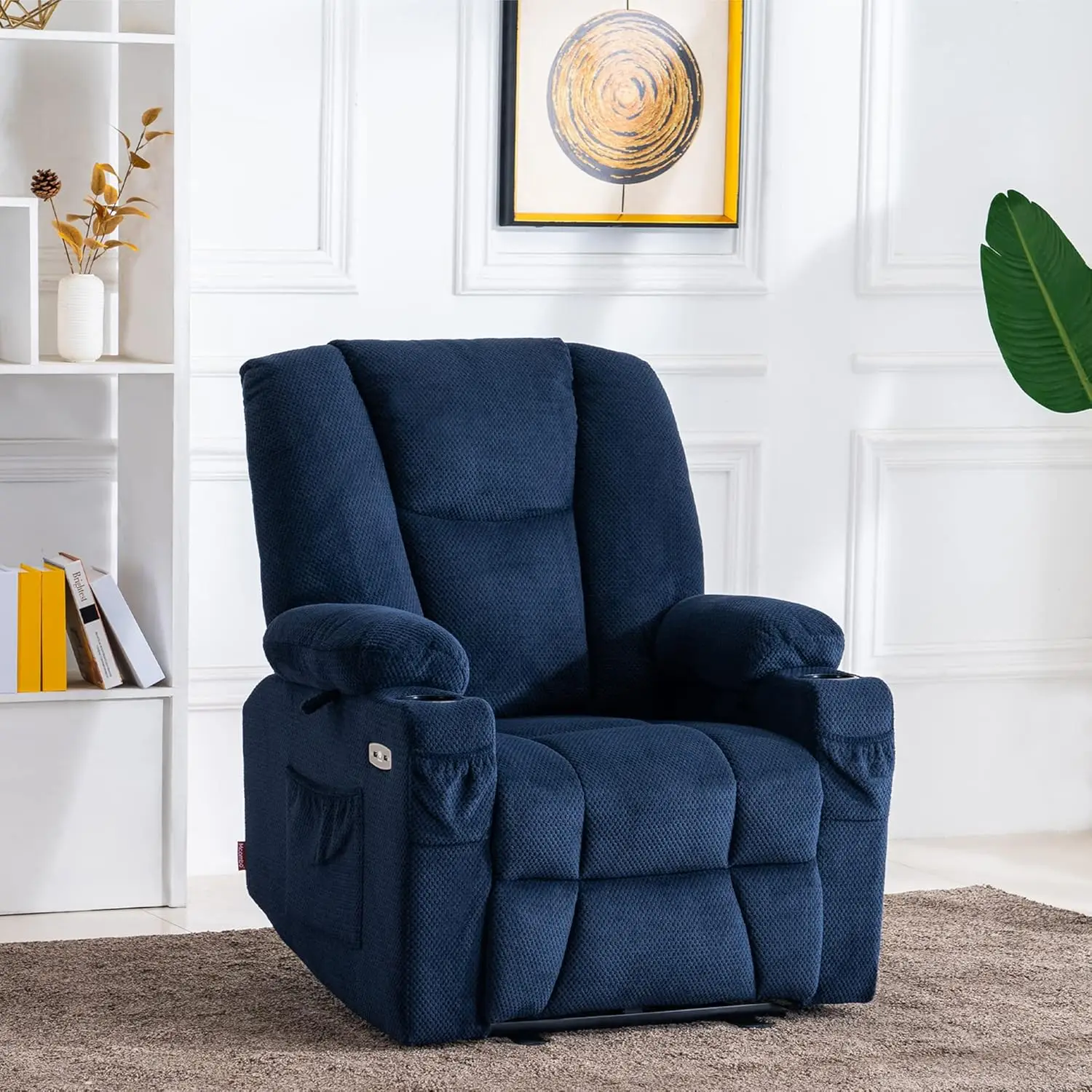 Fabric Electric Power Recliner Chair with Heat and Massage Cup Holders USB Charge Ports Extended Footrest Cloth Power