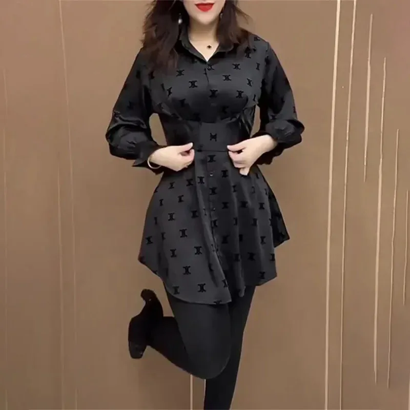 Polo Neck Long Sleeve Printed Shirt Women's 2024 Spring Autumn Single-Breasted Design Shirts Top Fashion Black Blouse Coat