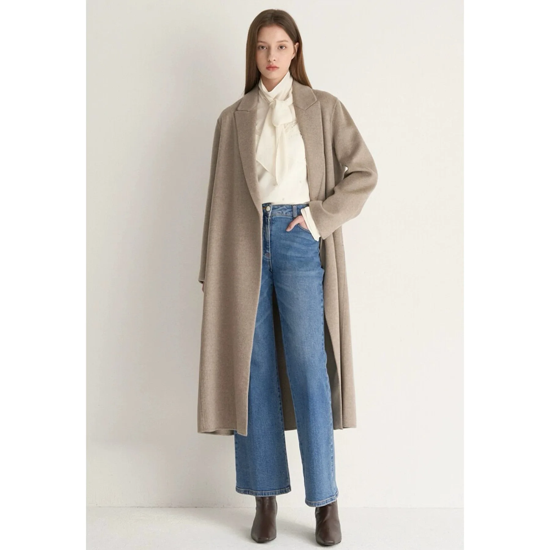 

Лимонный сыр MIN25, осенне-зимнее двустороннее шерстяное пальто с ручным шитьем, женское пальто прямого кроя с лацканами и поясом