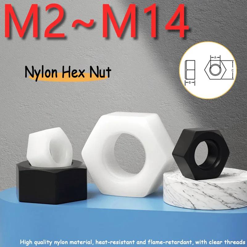 10~100pcs Black/White Nylon Hex Hexagon Nut M2 M2.5 M3 M4 M5 M6 M8M10M12M14 Plastic Insulation Nylon Hexagon Nut Metric Threaded