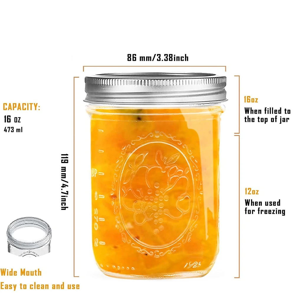 برطمانات ميسون واسعة الفم سعة 16 أونصة مع أغطية، برطمانات تعليب مع أغطية معدنية محكمة الغلق وأشرطة للتخمير والتخليل والتجميد والحفاظ عليها