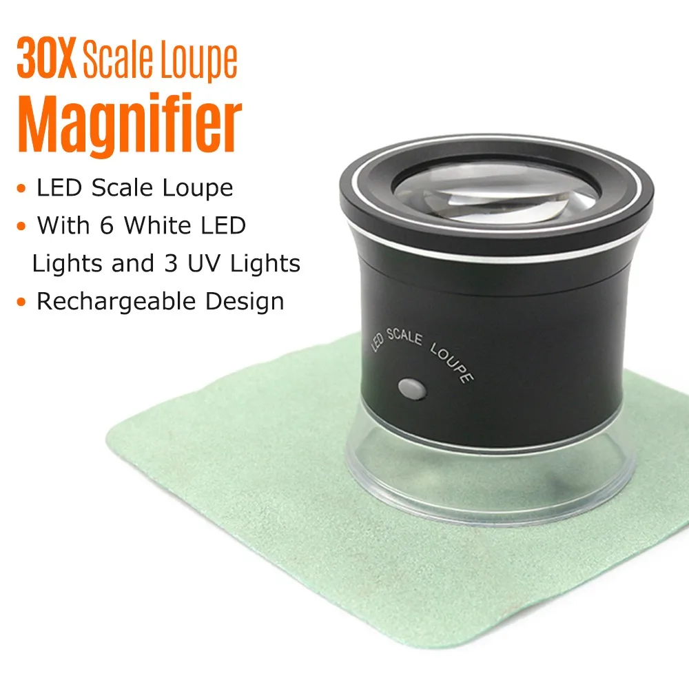 30X Magnification LED Scale Loupe 6 White Lights Black Illuminated Magnifier USB Charging Rechargeable Magnifying Glass