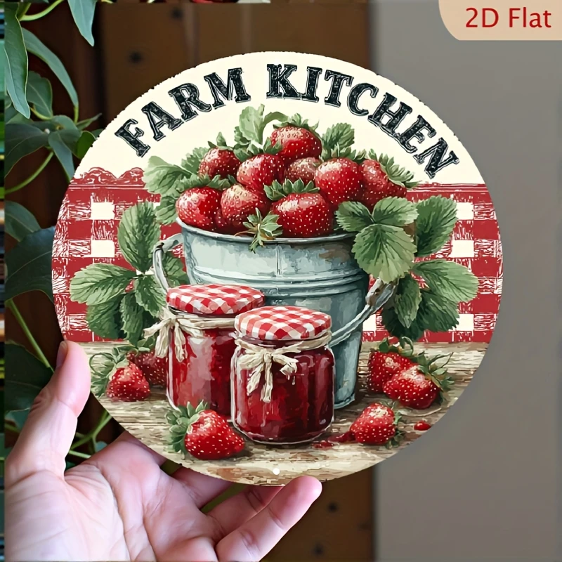 Vintage Erdbeerfarm-Küchen-Metallschild, Kunst mit kariertem Eimer und Marmeladendose, 7,8x7,8 Zoll, Wanddekoration für Innen- und Außenbereiche im Landhausstil