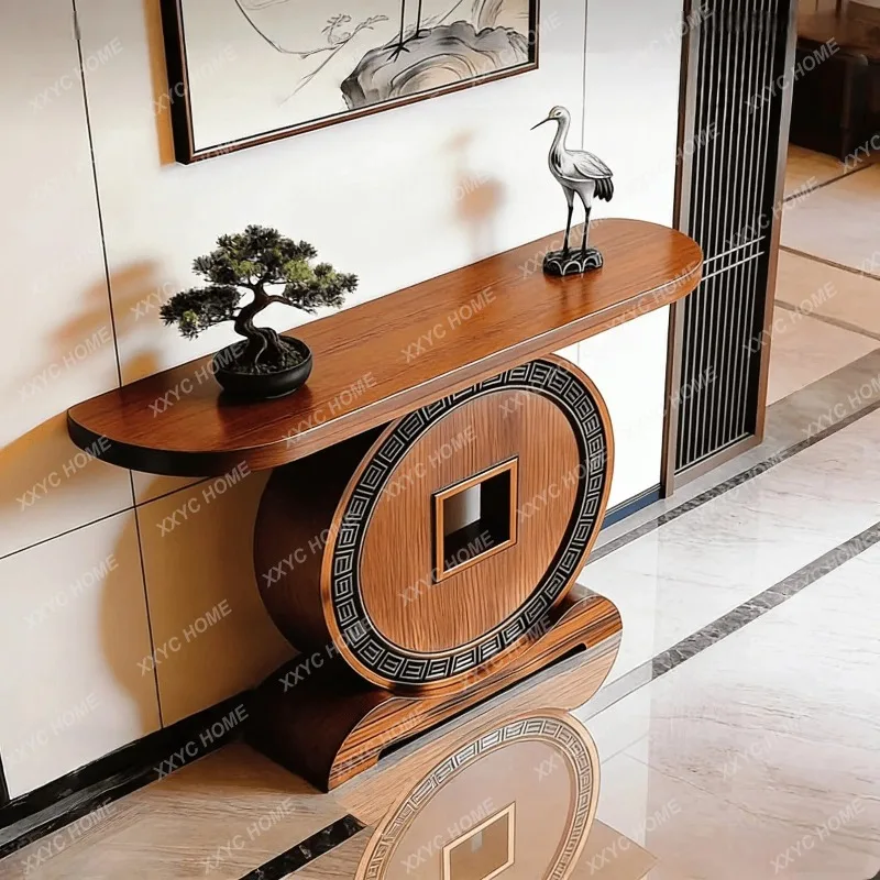 XX New Chinese Solid Black Walnut Console Table 2026 New Coin Motif Carved Narrow Long Entryway Hallway End View Display Stand