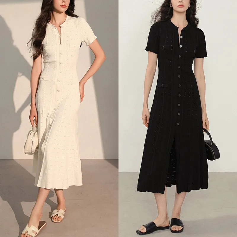 Celebrity knitted dress short sleeve hollow thread single breasted long dress