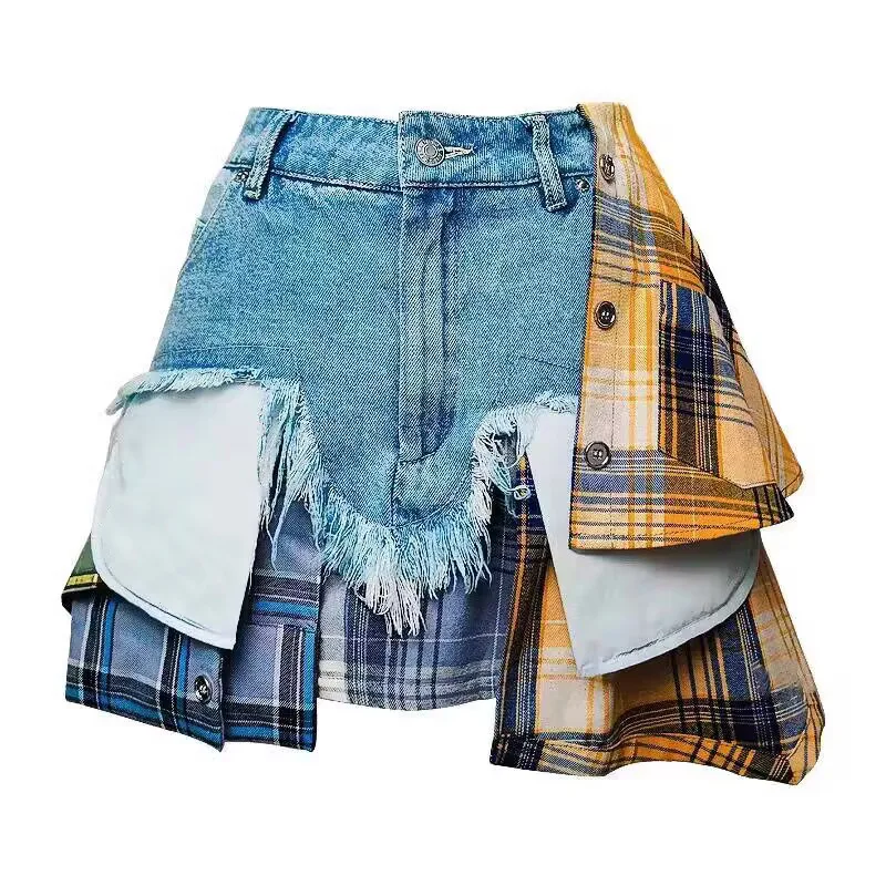 Fashion Women's Denim Skirt Colored Plaid Patchwork Irregular Deconstructed A-line High Waist Mini Skirts Summer 2024 New