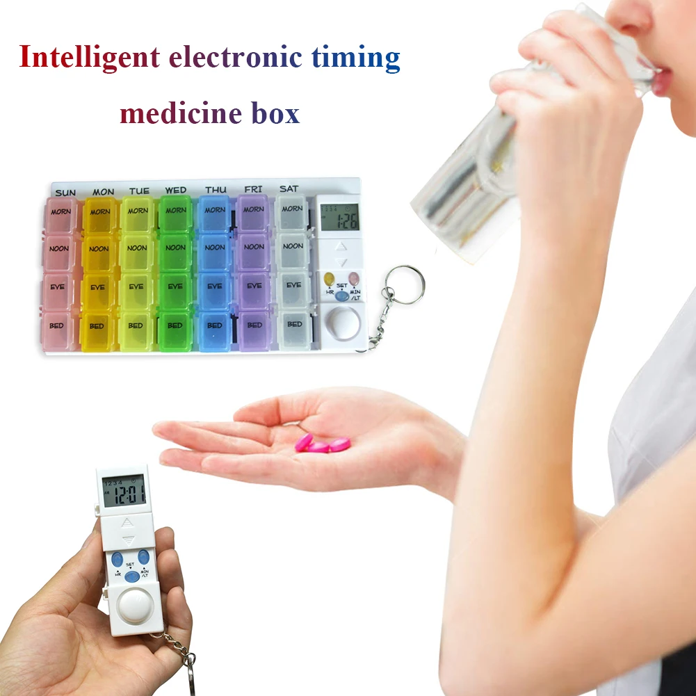 7 Days Tablets Organizer Luminous Timer Reminder 28 Grids Alarm Clock Pill Box