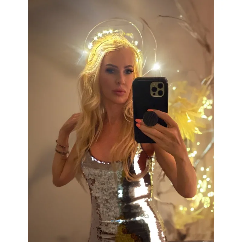 Tiara Bogini z Podświetleniem - 3-warstwowa Opaska Halo z Cyrkoniami i Lampkami LED - Rekwizyt na Występy Sceniczne i Sesje Zdjęciowe