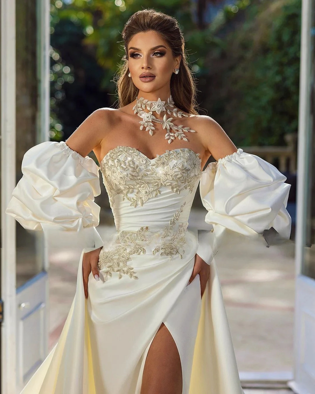 Vestido de novia plisado de satén, mangas de burbuja extraíbles, Sexy, lado de sirena, vestidos de Boda de Princesa con abertura alta, vestidos de fiesta 2025