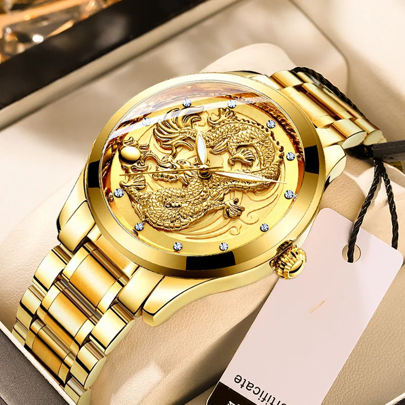 Top Brand Watch Men\'s Waterproof Luminous Gold Quartz Ultra Thin Stainless Steel Dragon Pattern Sports Watch Relogio Masculino