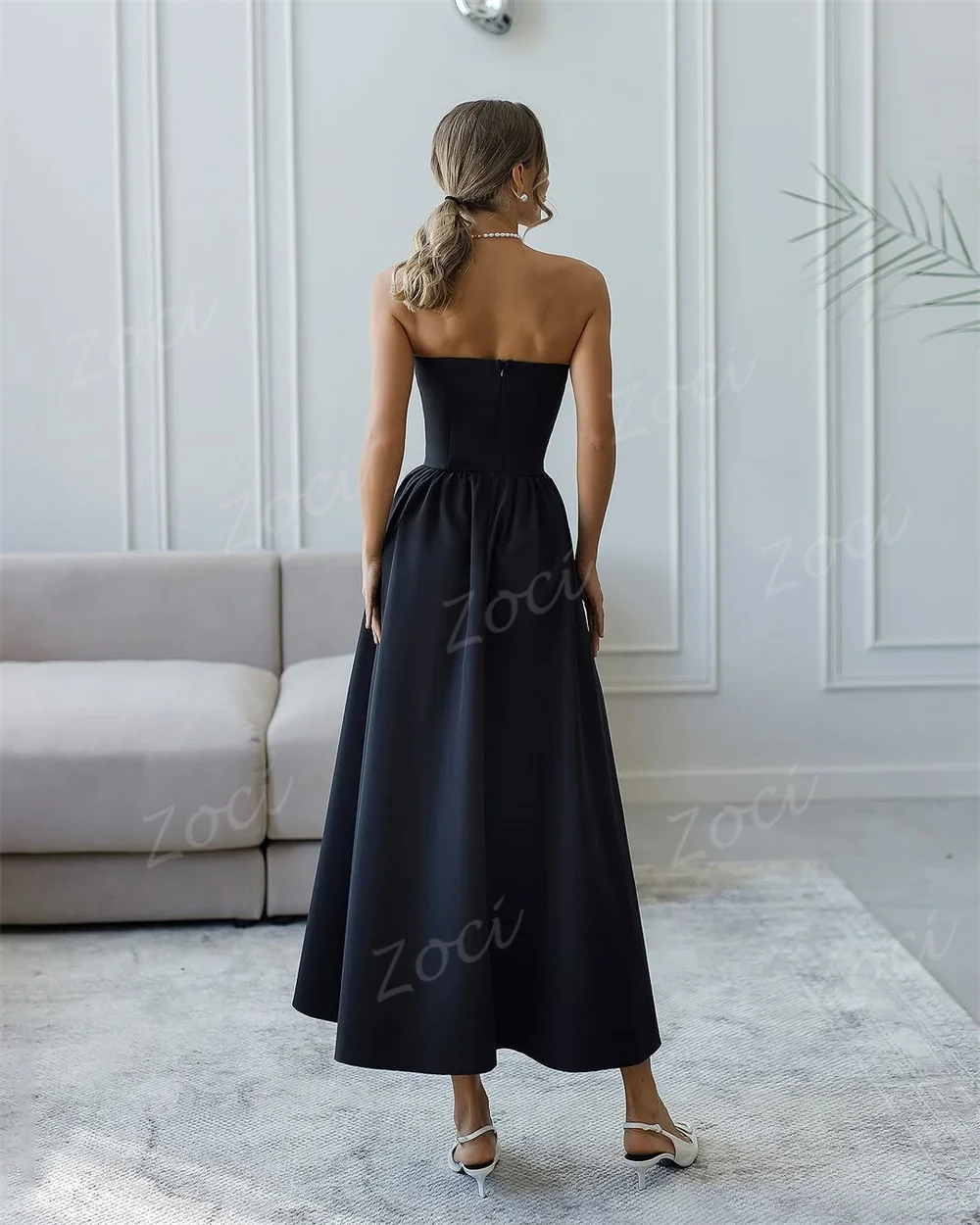 Zoci Strapless Elegant Blue Wedding Party Prom Dresses Customized Sleeveless A Line Evening Dress Ankle Occasion Party Gown