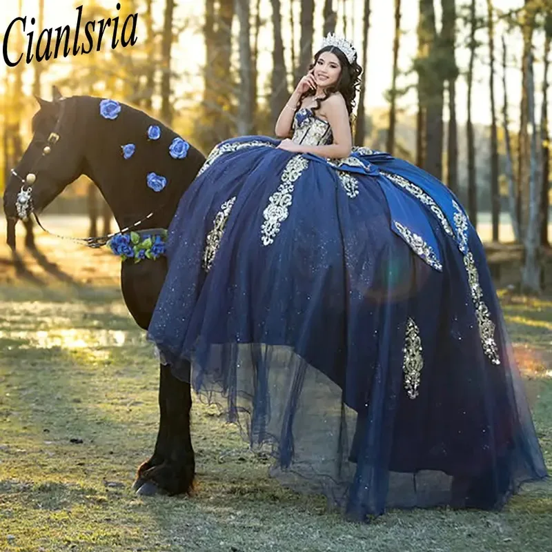 

Blue Sweetheart Sleeveless Bow Quinceanera Dresses Ball Gown Gold Appliques Lace Sweet 15 Años Mexican Customized