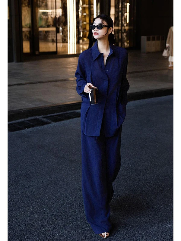 Cool And Stylish Loose Fit Denim Blue Fashion Shirt And Wide Leg Pants Two Piece Set for Women Autumn 2026 Trendy Outfit