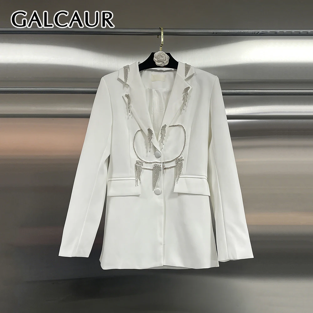 

GALCAUR Solid Spliced Tassel Chic Jacket Female Lapel Long Sleeve Loose Light Luxury Women's Jackets Fashion Autumn Style New