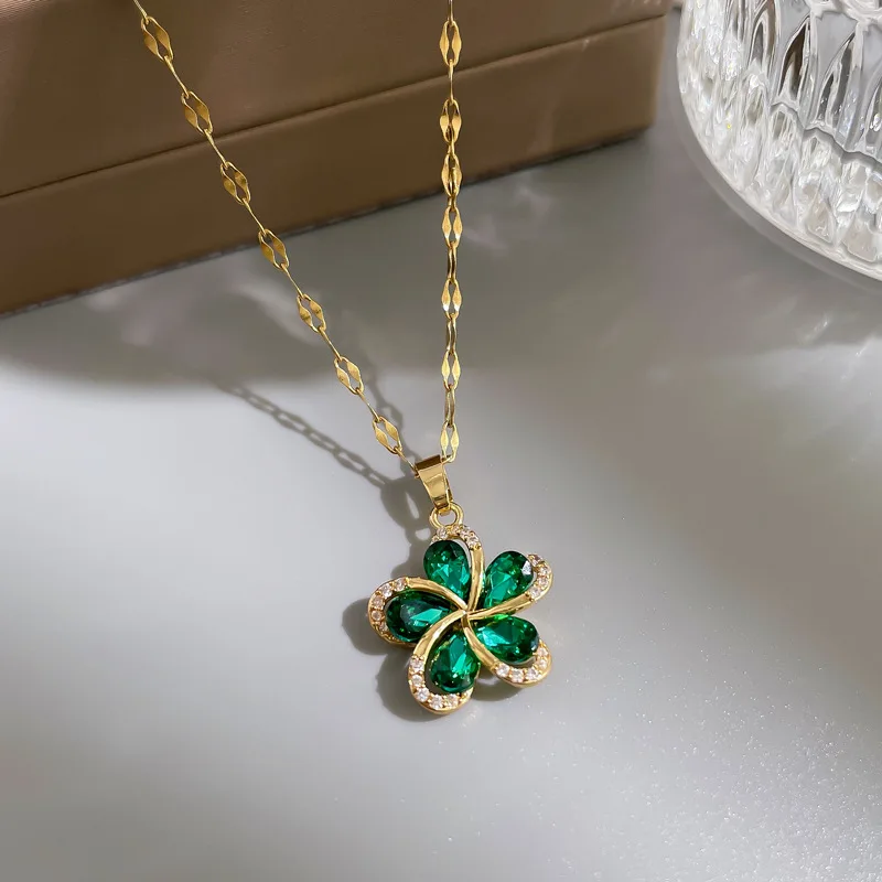 DIEYURO 316L Stainless Steel Green Zircon Flowers Pendant Necklace For Women New Luxury Girls Lucky Chain Birthday Jewelry Gifts