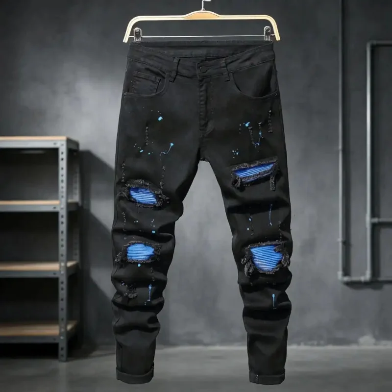

Мужские черные рваные джинсы слим-фит в уличном стиле, ретро, винтаж, большие размеры, длинные брюки, хип-хоп, панк-стиль, потертые джинсы
