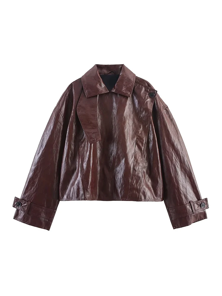  TFMLN Faux Leather Jacket For Women Casual Loose Lapel PU Fitted Button Coat New Autumn Solid Bomber Jackets Street Outerwear