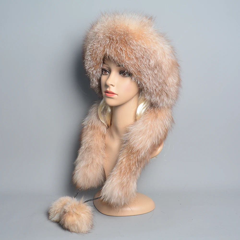 Women\'s Real Fox Fur Hat Scarf Mongolian Bomber Hat Ladies Winter Warm Fox Fur Earflap Caps Russia Winter Real Fur Hat