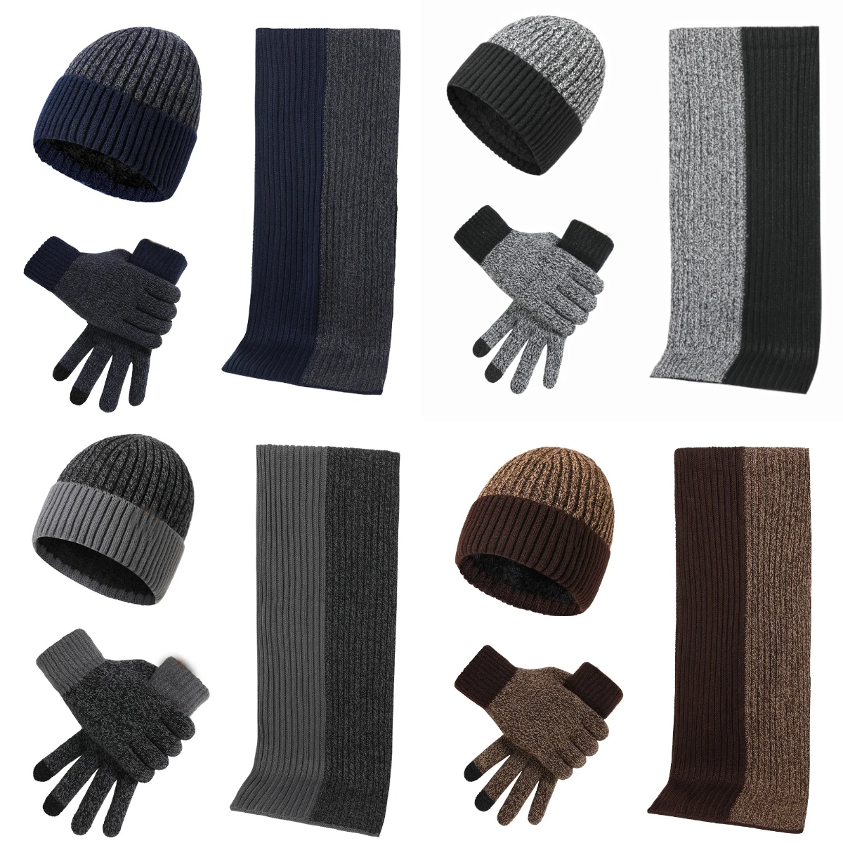 

Unisex Color Blocked Knitted Hat Autumn and Winter Thick Scarf Gloves Three Piece Set Simple and Fashionable Warmth Brimless Cap