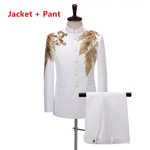 Chinese Style Stand Up Collar Men Suit 2 Piece Set White , Blue , Fashion Male Stage Performance Floral Blazer Jacket and Pants