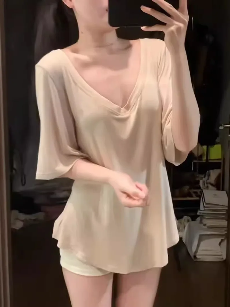 plus Size  Color V-Neck Casual Loose Short Sleeve T-Shirt Women Summer Slimming Mid-Length Butt Covering Top