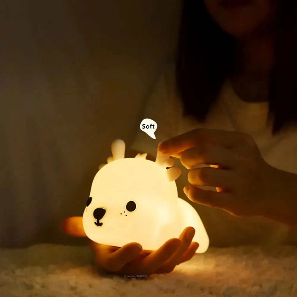 Cartoon Deer LED Night Light Silicone Lights USB Rechargeable Touch Night Lamp Bedroom Timing Lamp Decoration Children\'s Gift