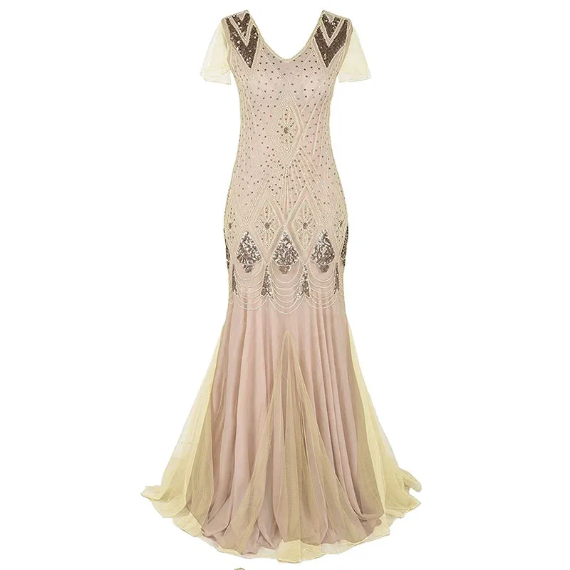 1920s Gatsby Party Length Dress Vintage Women Sequins Maxi Dresses Beaded Flapper 20s Club Party Floor-Length Dresses