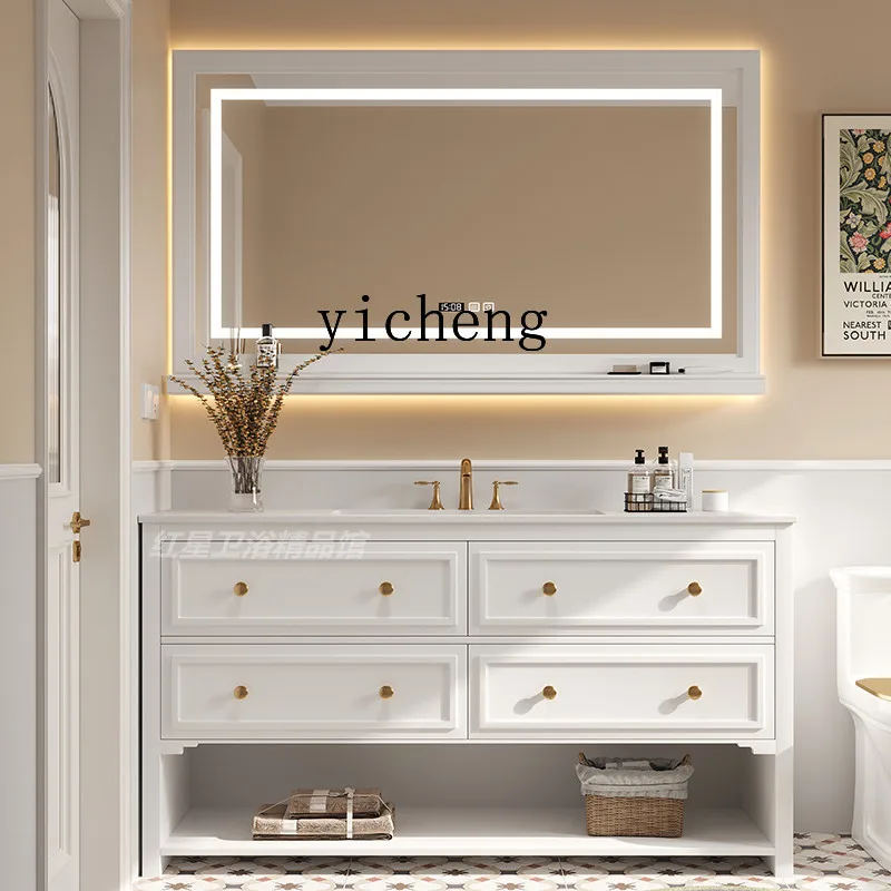 XL solid wood floor-to-ceiling bathroom cabinet combination rock slab double washbasin wash basin bath cabinet