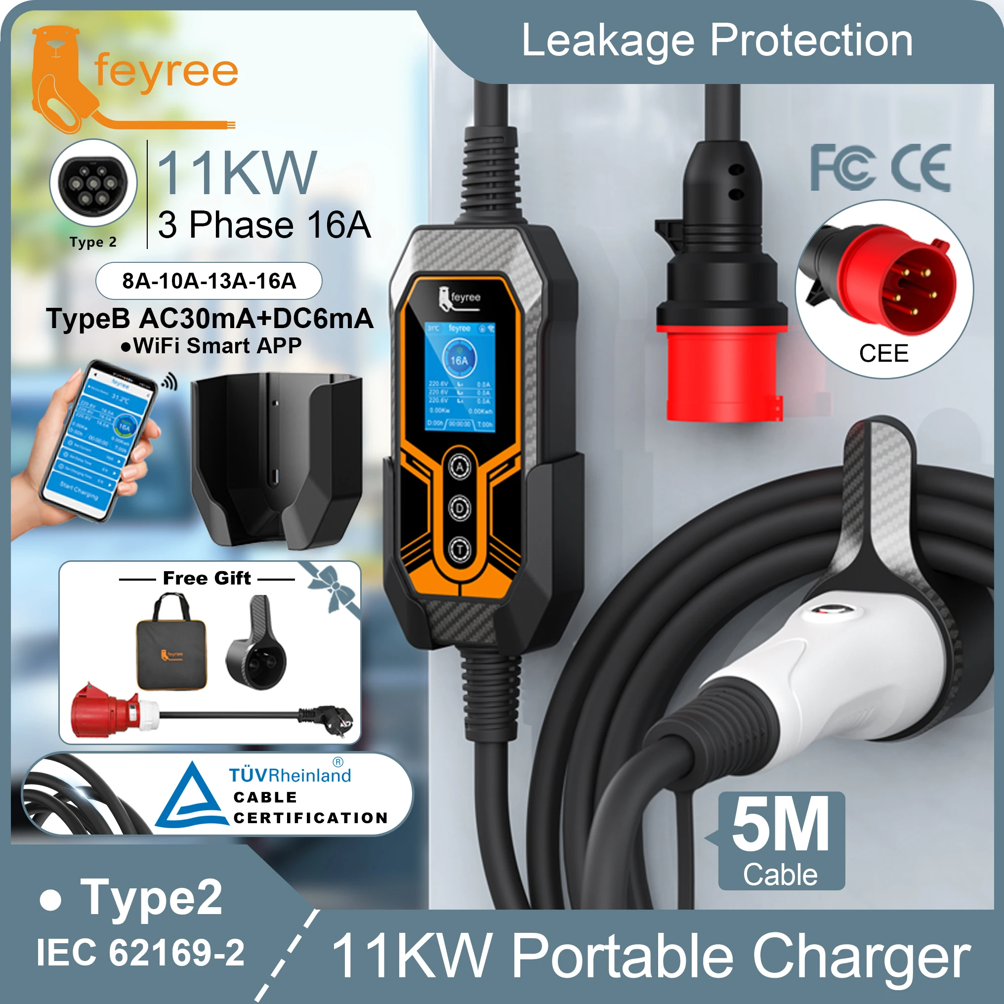 feyree EV Charger Portable Newly upgraded with wall holder Type2 16A11KW 3 Phase Wifi APP control EVSE Charging Box with adapter