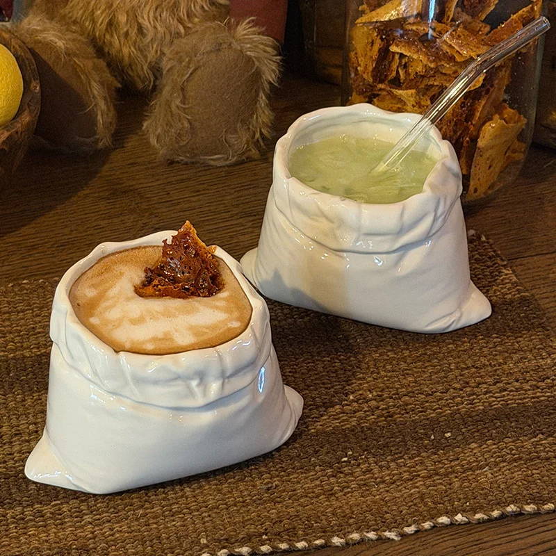 Tasse en céramique en forme de sac, style sac froissé, mug à café créatif, gobelet pochette pour boissons chaudes, décoration de table de dessert, tasse à boisson, cadeau