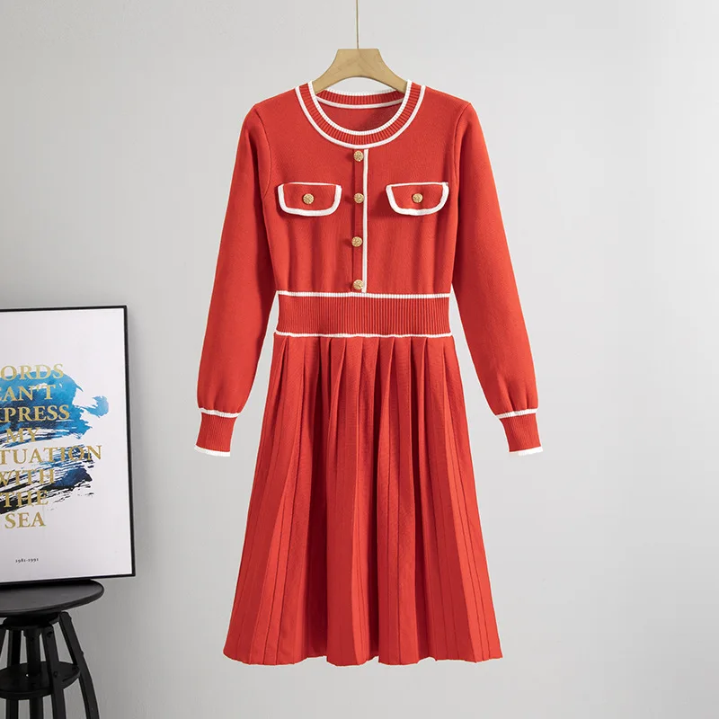 Mode en elegantie Temperament Ronde hals Effen kleur gebreide jurk