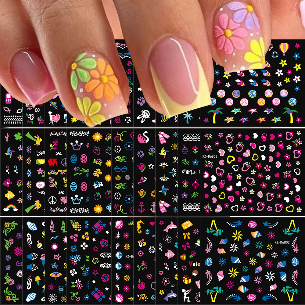 30pcs Colorful Flowers Mixed Cherry Blossoms Nail Stickers Heart Floral Butterfly Adhesive Sliders 5.5*6cm Manicure Decoration